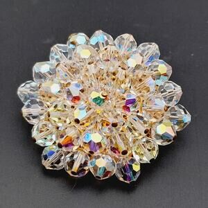 Vintage Crystal Aurora Borealis Clear Beaded 1960s Brooch